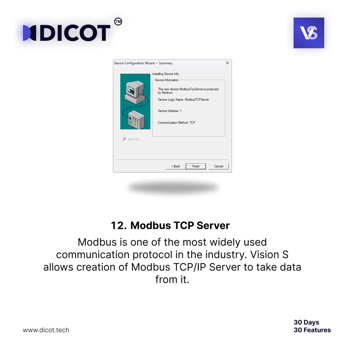 dicot_tech's tweet image. Day 12: Modbus TCP Server!

Vision S makes it simple to create Modbus TCP/IP servers for secure and seamless data collection.

#VisionS #Modbus #IIoT #IndustrialAutomation #30Days30Features