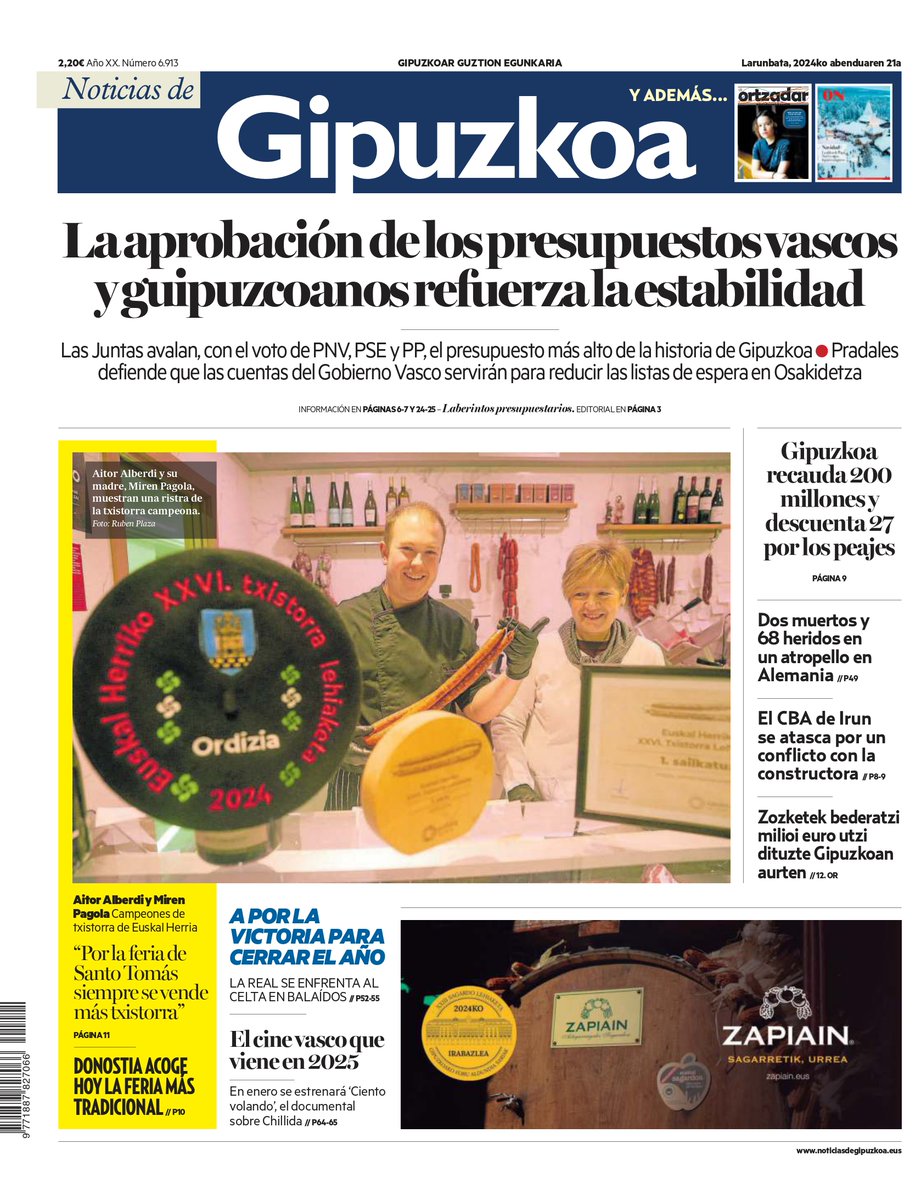 NotGip's tweet photo. 📰 Egun on! Consulta la portada de NOTICIAS DE GIPUZKOA de este sábado 21 de diciembre https://t.co/t9mbFhHb9U

Accede a la versión de la edición impresa en PRESST 🗞: https://t.co/HCcCQKJHhQ https://t.co/YVpH3eQBmT