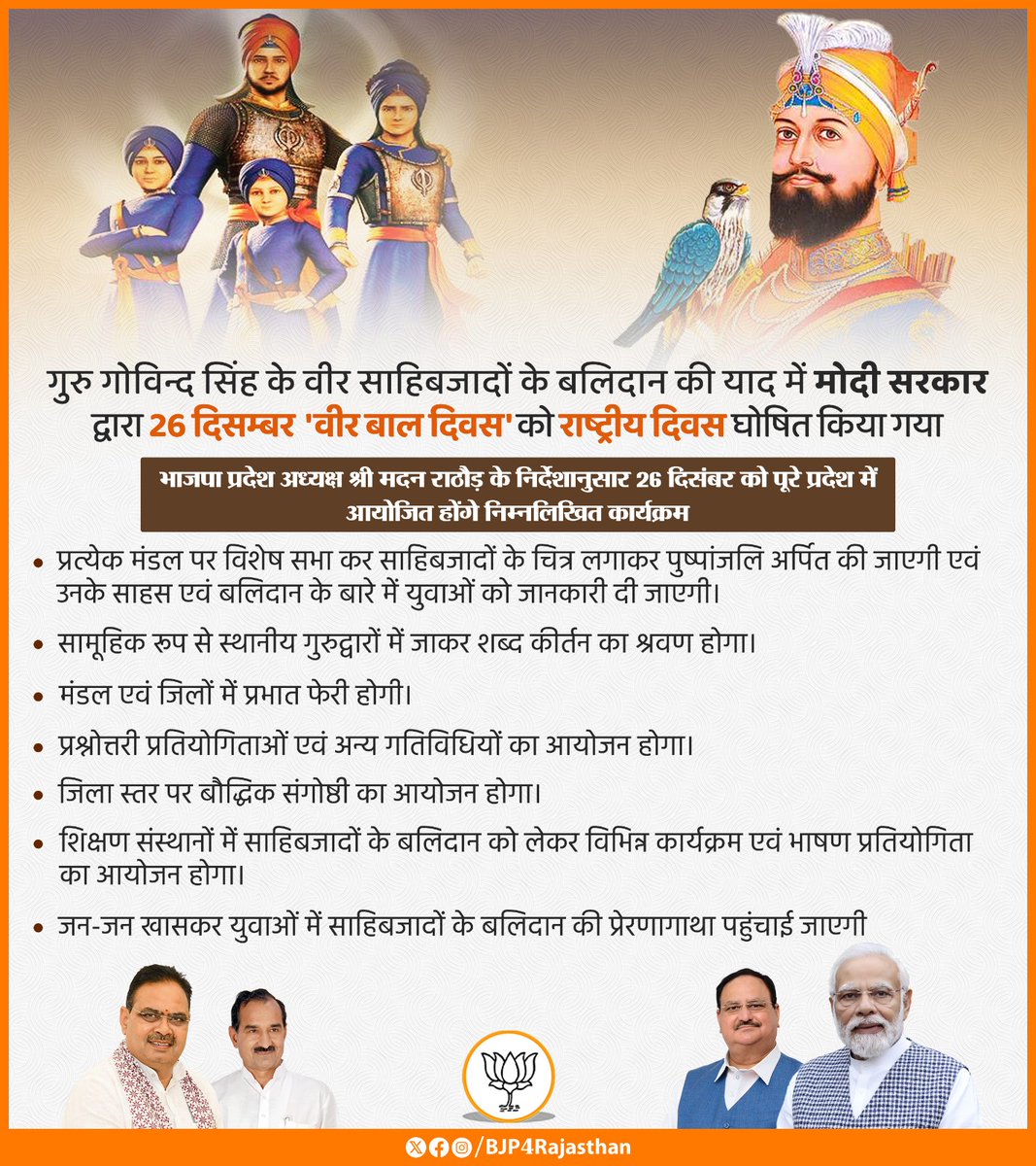 BJP4Rajasthan's tweet photo. गुरु गोविन्द सिंह के वीर साहिबजादों के बलिदान की याद में मोदी सरकार द्वारा 26 दिसंबर 'वीर बाल दिवस' को राष्ट्रीय दिवस घोषित किया गया।

भाजपा प्रदेश अध्यक्ष श्री @madanrrathore के निर्देशानुसार 26 दिसम्बर 'वीर बाल दिवस' के अवसर पर पूरे प्रदेश में विभिन्न कार्यक्रमों का आयोजन होगा, जिसको सफल बनाने के लिए प्रदेश स्तर पर समन्वय समिति का गठन किया गया है, जो निम्नानुसार है:-

1. श्री प्रणवेन्द्र शर्मा - संयोजक - 9414044554 
2. सरदार श्री अजयपाल सिंह - सह संयोजक - 9828101111 
3. श्री जितेन्द्र मीणा - सह संयोजक - 9828211100 
4. डॉ. अशोक यादव - सह संयोजक - 9829053664 
5. श्री विक्रम सिंह शेखावत - सह संयोजक - 9414008002 
6. डॉ. चन्द्रदीप हाड़ा - सह संयोजक - 7821844466