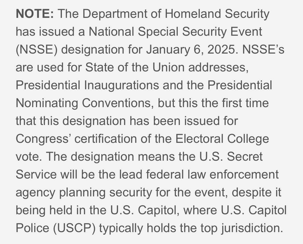 SantaSurfing's tweet photo. 118th Congress on recess 12/23/2024 and convenes for a few hours on 1/3/2025. 
119th Congress swears in on 1/3/2025.
119th Certifies Election on 1/6/2025.

This is the VERY FIRST TIME NSSE (National Special Security Event) will be issued for Certification of the Election! Secret Service will be the lead law enforcement agency…not the Capitol Police! 🥳

Trump will have Special Operations Military as part of his Secret Service Team! 💥💥💥💥
