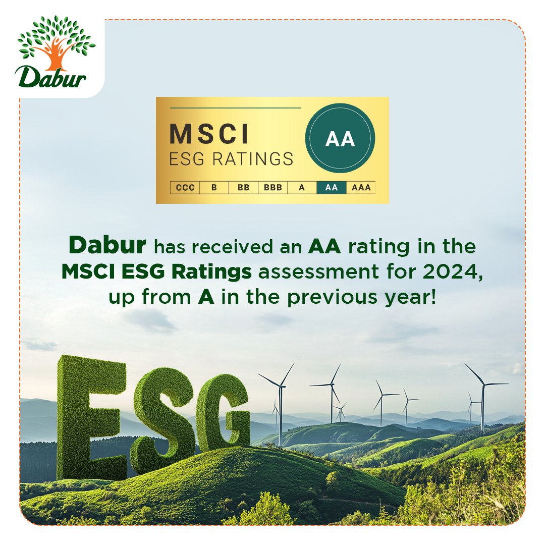 I am beyond thrilled to announce that our company <a href="/DaburIndia/">Dabur India Ltd</a> has achieved another significant milestone in our ESG journey. The end of the year 2024 saw Dabur moving up on the MSCI ESG Ratings assessment with a rating of AA, up from A the previous year.
This achievement is a