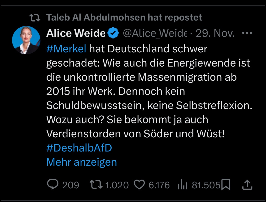 PoLette84621850's tweet photo. Der Täter von #Magdeburg, der absolut menschenverachtend einen Anschlag auf Menschen verübte, die völlig arglos #Weihnachten feierten und dabei möglichst viele töten und verletzen wollte, ist Islamhasser und Anhänger der #AfD, Fan von #Weidel, #Musk &amp; Co.
Dieser Hass gefährdet 🇩🇪 https://t.co/VJV8cjtAI0