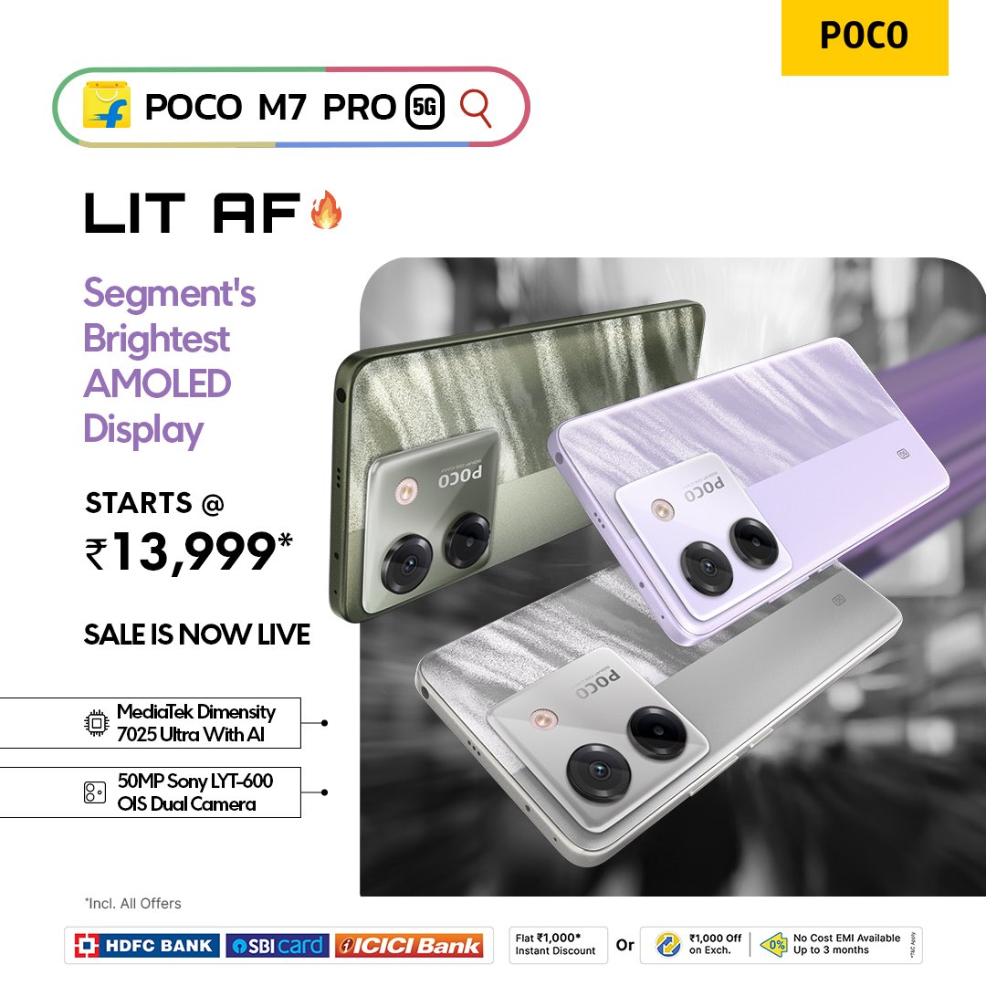 JayXplore's tweet photo. #LITAF Sale is Now Live!🔥

Shop now exclusively on #Flipkart and become a part of the #POCO Fam!

Embrace the power of 5G!

The #POCOM7Pro5G, loaded with top-tier features, can be yours for just Rs 13,999*.

Want an affordable entry into 5G? Get the #POCOC755G for only Rs 7,999. https://t.co/wPB4FENeQA