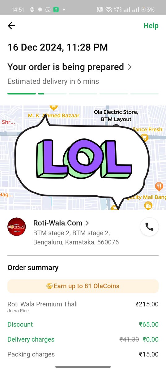_pikachu_007's tweet photo. @ola_supports  I ordered homely food didn't knew it's all way from home ludhiana to to Bengaluru cause it's been more than 5 days and so far no refund or anything and its just struck at this https://t.co/k0IRmNDBnI