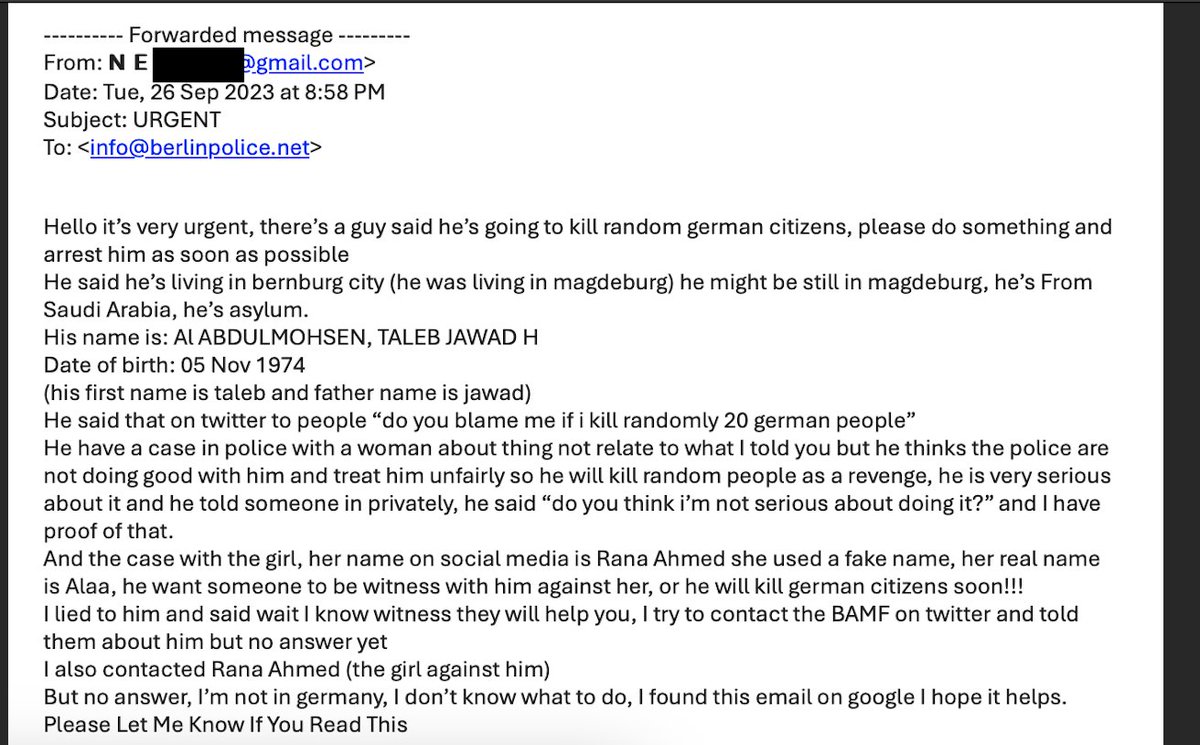 Tim_Roehn's tweet image. Tragisch: Uns @welt liegt die Original-E-Mail vor, die eine Frau aus 🇸🇦 am 26. September 2023 an die Polizei in Berlin schicken wollte. Bloß: Sie schickte sie an die Polizeistation in der 7500-Einwohner-Gemeinde Berlin in New Jersey, 🇺🇸. Was dort damit passierte? Bislang unklar.