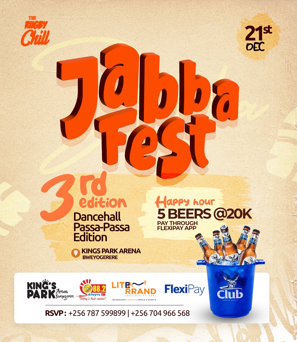 Get ready for the ultimate dancehall experience at the 3rd edition of Jabba Test! Enjoy happy hour with 5 beers for just 20k🍻, exclusively at Kings Park Arena, Bweyogerere and don't miss out on the vibes!🥳