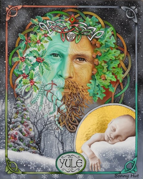 21 December (Saturday) - WINTER SOLSTICE / ALBAN ARTHUAN / YULE - Pagan
Shortest day / longest night: the sun is reborn, new life returns. 
The Oak King (the light half of the year) wins over the Holly King (the dark half).
Feasting, a yule log, and greenery decorations feature.