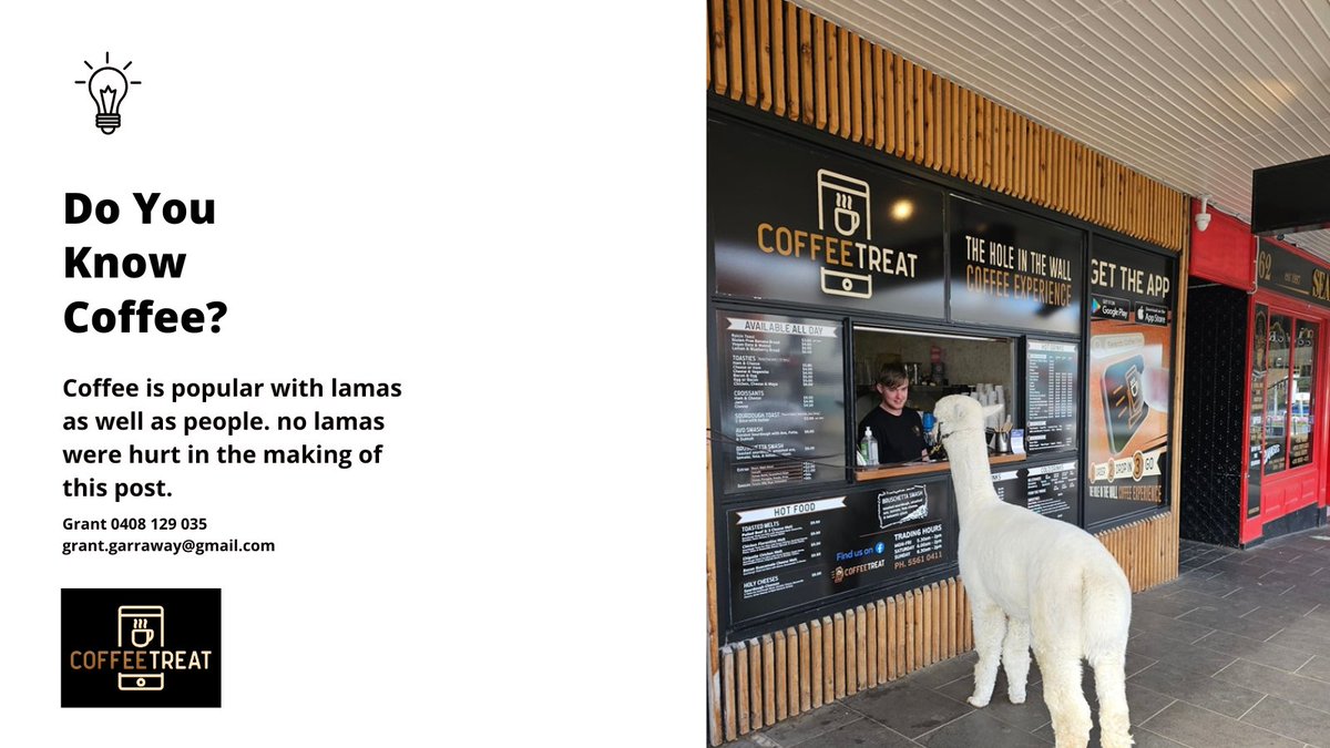 GarrawayGrant's tweet photo. Do You Know Coffee?
Coffee is popular with lamas as well as people.
No lamas were hurt in the making of this post.
#CoffeeTreat #franchise opportunities
Grant 0408 129 035
grant.garraway@gmail.com
#BeYouOwnBoss #FranchiseConsultant https://t.co/uRVeoXWGrs