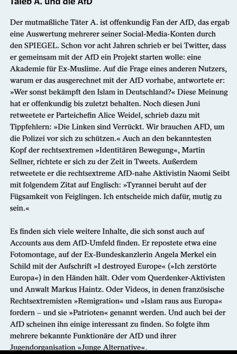 FrankRauschenb3's tweet image. @elonmusk was entirely wrong. The terrorist in #Magdeburg has proven to be a supporter of AfD (the Nazi-party Musk is supporting) and he is linked via twitter to @NaomiSeibt, the Lady Musk is following on german issues. Musk has no fucking clue of what he is talking about!