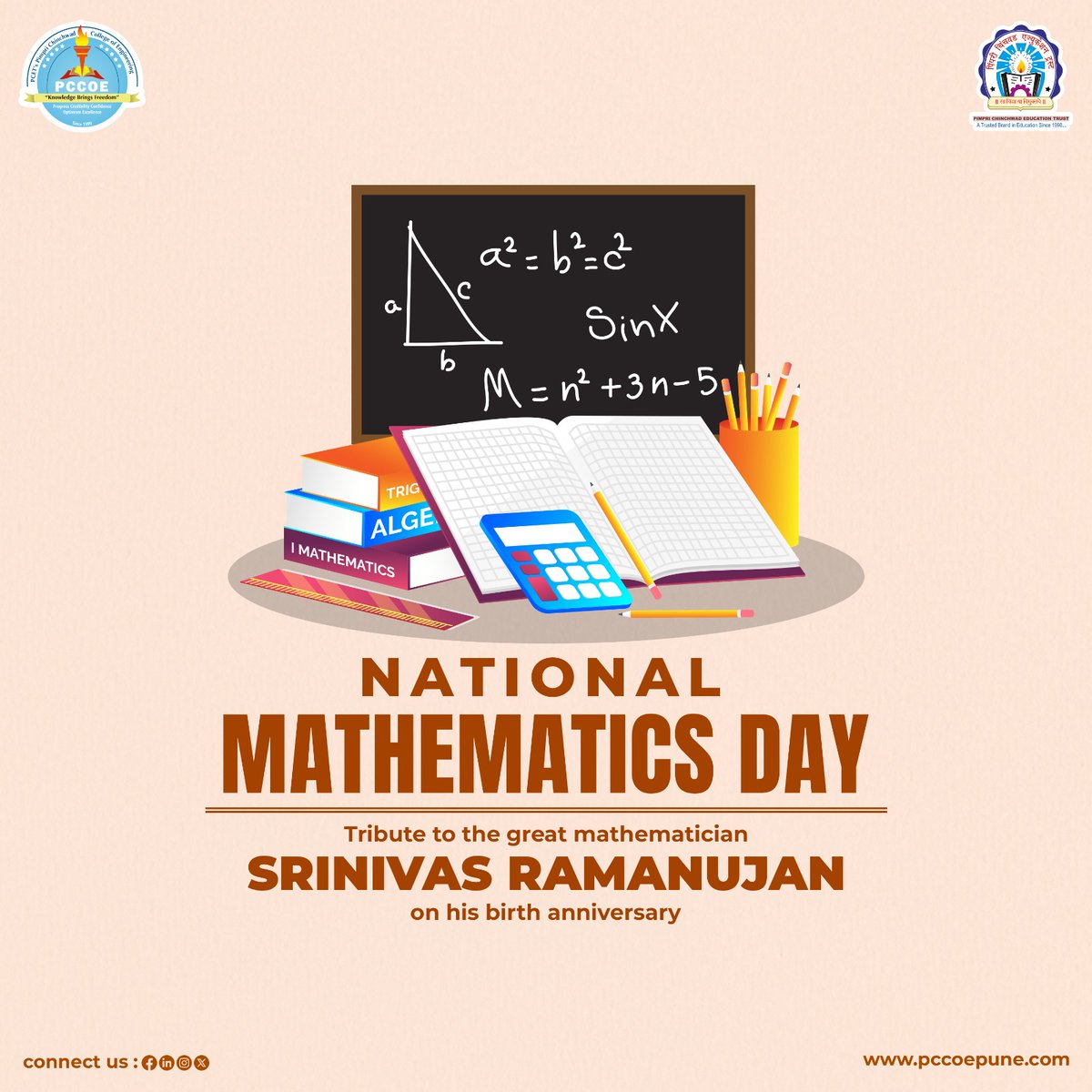 pccoe_pune's tweet photo. Celebrating #NationalMathematicsDay and the birth anniversary of the legendary mathematician Srinivasa Ramanujan, whose genius continues to inspire the world with his extraordinary contributions to mathematics

#PCET #PCCOE #SrinivasaRamanujan #MathematicsDay https://t.co/ZRDnFGTOI8