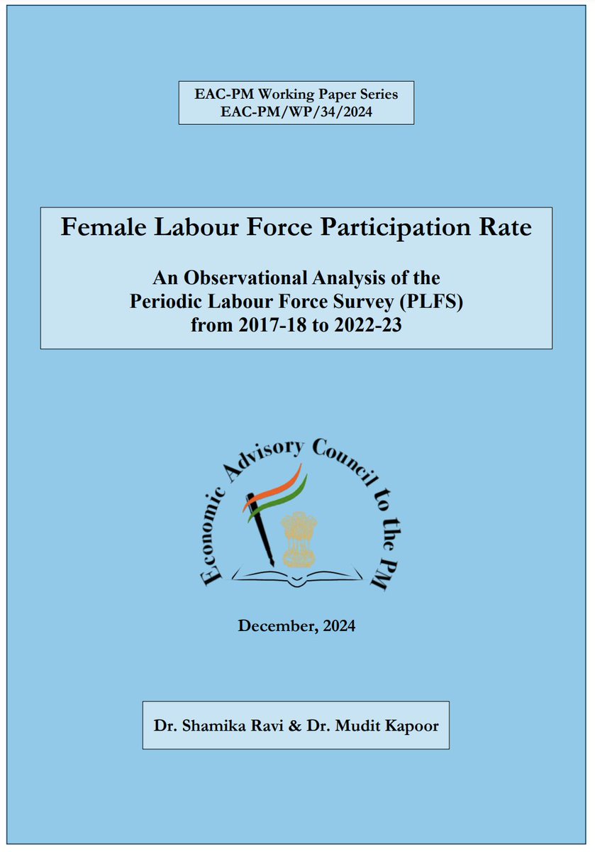 EACtoPM's tweet photo. India’s female labour force participation has soared since 2017-18, especially in rural areas—a key shift in economic inclusion. This EAC-PM WP by Dr @shamikaravi &amp; Dr @muditkapoor explores state-wise trends &amp; urban-rural divides, among other factors.  1/6 https://t.co/YCMhlEi8o8 https://t.co/OnSRvFYJVe