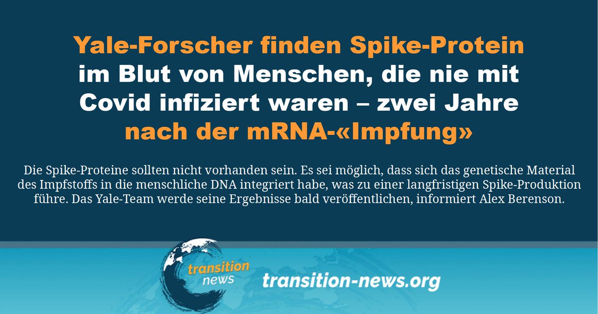 C_Transition2's tweet photo. Antikörpertests hätten gezeigt, dass diese Menschen nie mit #Covid infiziert waren. Zudem würden unsere #Immunsysteme neu produzierte #Spike-Proteine schnell zerstören. Die Ergebnisse würden also darauf hindeuten, dass einige Personen, die die #Impfungen erhalten haben, die Proteine möglicherweise selbst herstellten.
Weiterlesen ... (https://t.co/jDHTNb7ksw)
#transitionnews #Forscher #mRNA #Blut #Spikeprotein #Covid #Antikörper #Impfung