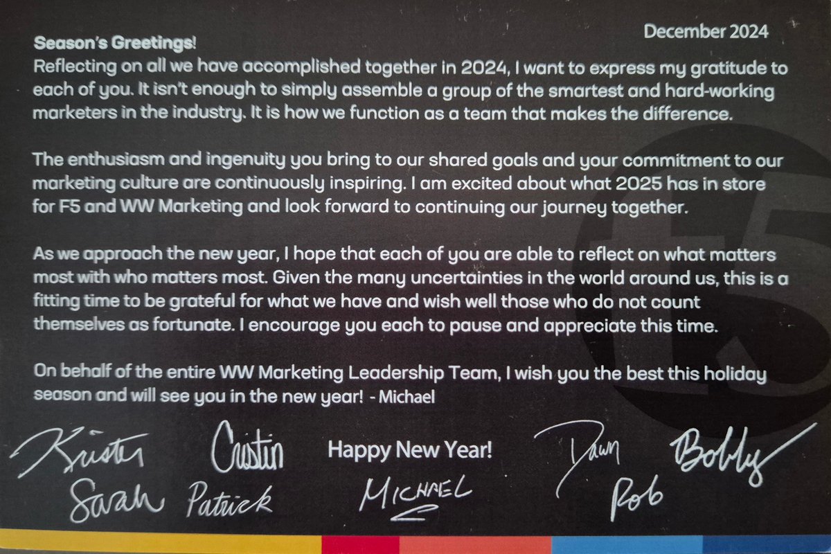 shufenchia's tweet photo. A heartfelt thank you to the #F5 WW #Marketing Leadership Team for the thoughtful gift! Wishing everyone a joyful holiday season and a bright year ahead!

#Gratitude #TeamAppreciation #HighPerformingTeam #WinningIsATeamSport #HolidaySeason https://t.co/fg2usN37fb