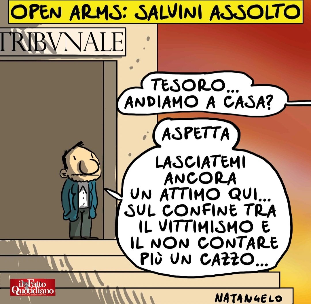 NatangeloM's tweet photo. È finita la pacchia - la mia vignetta per la prima pagina de il Fatto Quotidiano oggi in edicola

oggi, sabato 21 dicembre alle ore 18, a Latina al Caracola lab in via Reginaldo Giuliani 18 ultimo appuntamento di Natale con Nat

#salvini #assolto #palermo #openarms #natangelo https://t.co/5OvfRIXOQI