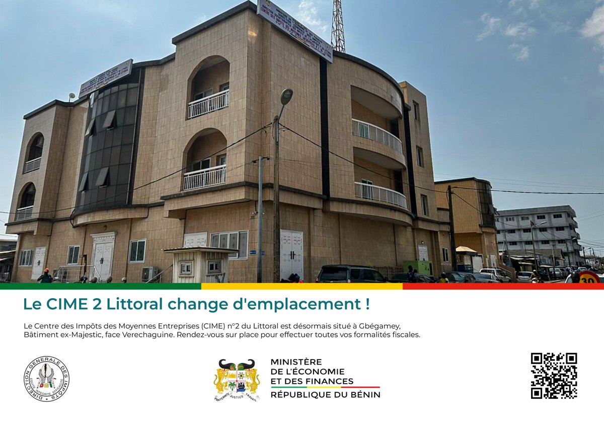 dgibenin's tweet photo. 📍Retrouvez désormais votre Centre des Impôts des Moyennes Entreprises (𝗖𝗜𝗠𝗘) 𝗻°𝟮 𝗱𝘂 𝗟𝗶𝘁𝘁𝗼𝗿𝗮𝗹 à 𝗚𝗯𝗲́𝗴𝗮𝗺𝗲𝘆, 𝗕𝗮̂𝘁𝗶𝗺𝗲𝗻𝘁 𝗲𝘅-𝗠𝗮𝗷𝗲𝘀𝘁𝗶𝗰, 𝗳𝗮𝗰𝗲 𝗩𝗲𝗿𝗲𝗰𝗵𝗮𝗴𝘂𝗶𝗻𝗲 !

📲Scannez le 𝗰𝗼𝗱𝗲 𝗤𝗥 et laissez-vous guider ! https://t.co/U7lUAjuYXY