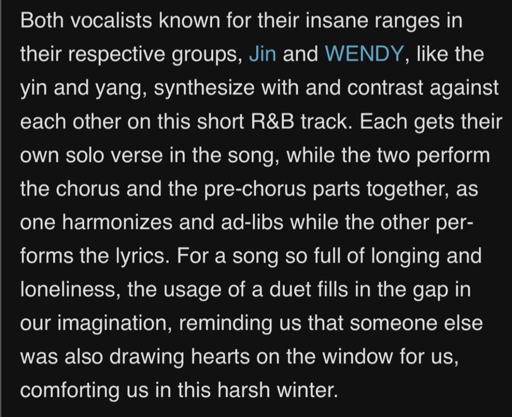 Genius named “Heart on the Window” by Jin with Wendy as one of the Best K-Pop Collaborations of 2024! 

“Both vocalists known for their insane ranges in their respective groups, Jin and WENDY, like the yin and yang, synthesize with and contrast against each other on this short