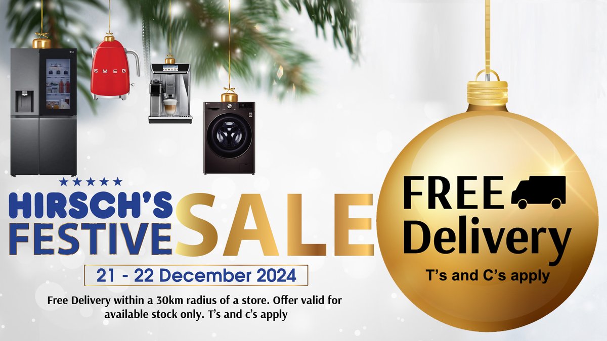 Spoil yourself this holiday season with FREE DELIVERY on all your purchases this weekend only (21-22 Dec) during the Hirsch's Festive Sale. 🎁✨

Shop in-store or online - bit.ly/3n0r00F