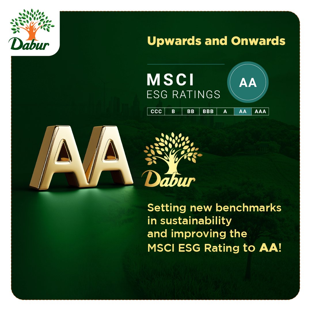 DaburIndia's tweet photo. Our MSCI ESG Rating has improved, and we couldn't be prouder! In 2024, Dabur India Limited received a rating of AA in the MSCI ESG Ratings assessment, up from A the previous year. 

#Dabur #DaburIndia #ESG #Sustainability #Teamwork #PositiveImpact #MSCIRating #ESGRating https://t.co/suRntFTx8b