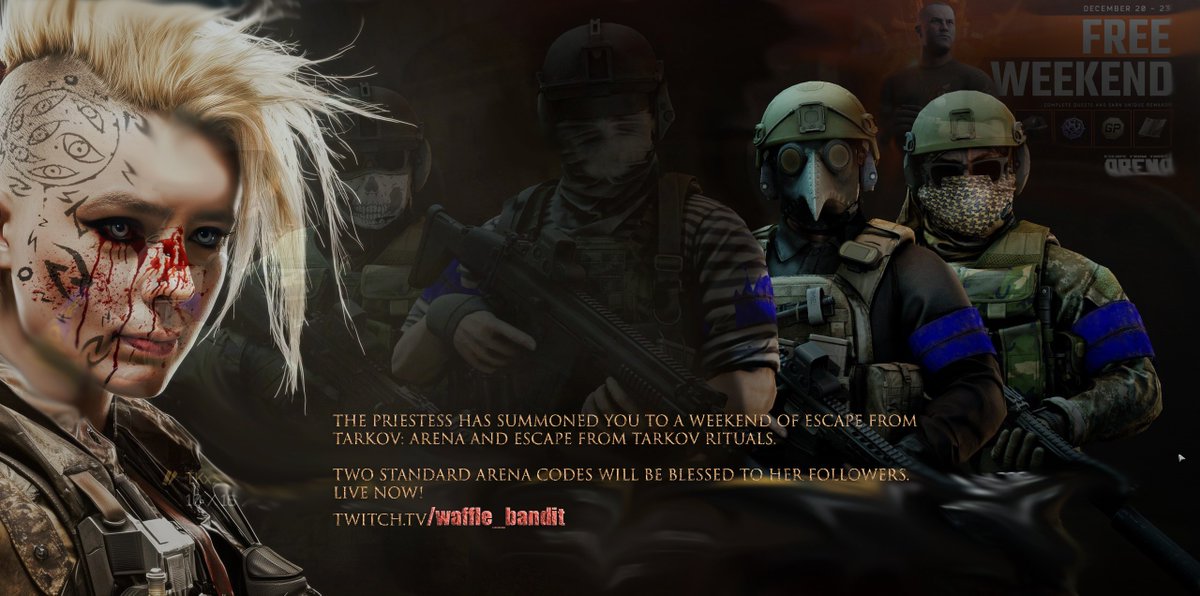 _Waffle_Bandit_'s tweet image. Weekend Arena and #Tarkov rituals have commenced! Two Standard Arena codes to give away! Come on by and say hi! @ogdmit 
#TarkovArena #FreeWeekend tarkov.com/s/fw_arena