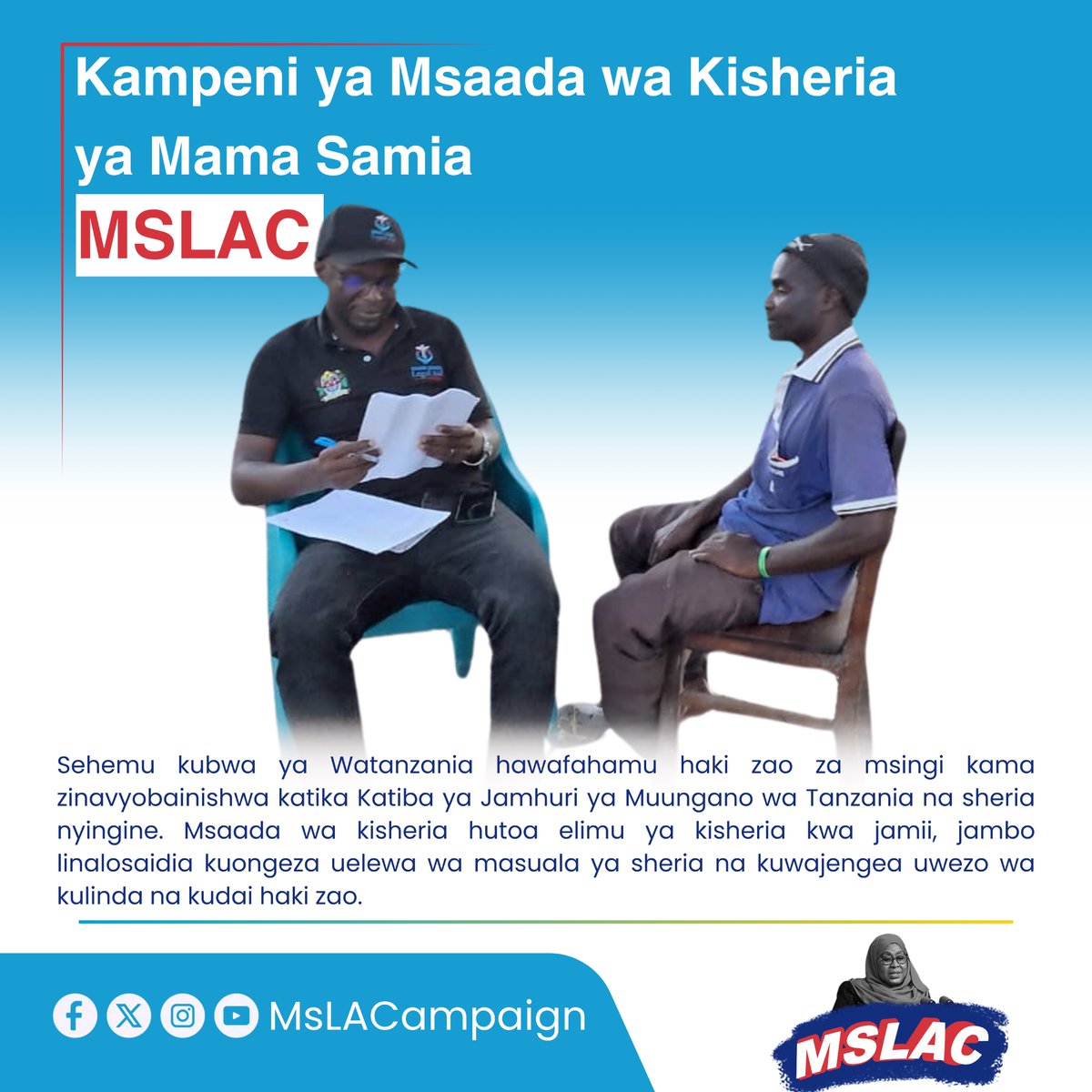 MsLACampaign's tweet photo. Sehemu kubwa ya Watanzania hawafahamu haki zao za msingi kama zinavyobainishwa katika Katiba ya Jamhuri ya Muungano wa Tanzania na sheria nyingine. Msaada wa kisheria hutoa elimu ya kisheria kwa jamii, jambo linalosaidia kuongeza uelewa wa masuala ya sheria na kuwajengea uwezo wa kulinda na kudai haki zao. #MSLAC. #Katibanasheria #SSH #CCM #KaziIendelee #Nchiyangukwanza #SisiniTanzania #matokeochanya @samia_suluhu_hassan @ikulu_mawasiliano @dr_philip_isdor_mpango @biteko @katibanasheria_ @prof.kabudipjam @victoria.mwanziva @tanganyikalawsociety @boniface_a_k_mwabukusi