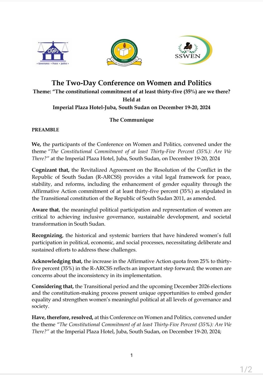 animuathiei's tweet photo. Women in Politics🇸🇸 convened4two days 19-20 Dec 2024 courtesy of Centre for  Inclusive Governance Peace &amp;Justice, South Sudan Democratic Engagement Monitoring&amp;Observation Program South Sudan Women Empowerment Network &amp;others with support from @NorwayinSSudan &amp;agreed as follows⬇️ https://t.co/UvT46ZFPtU