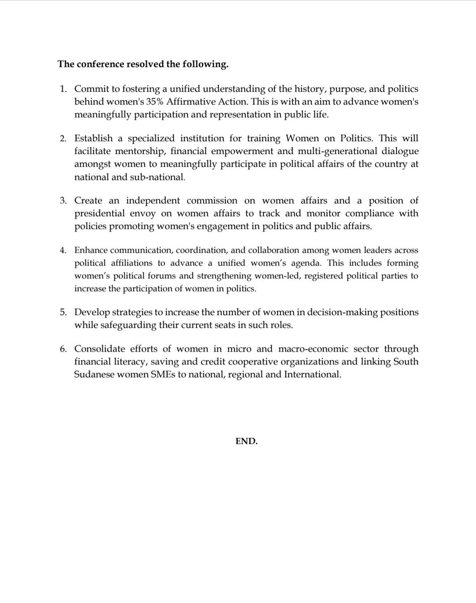animuathiei's tweet photo. Women in Politics🇸🇸 convened4two days 19-20 Dec 2024 courtesy of Centre for  Inclusive Governance Peace &amp;Justice, South Sudan Democratic Engagement Monitoring&amp;Observation Program South Sudan Women Empowerment Network &amp;others with support from @NorwayinSSudan &amp;agreed as follows⬇️ https://t.co/UvT46ZFPtU