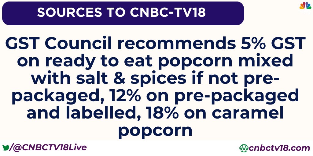 CNBCTV18Live's tweet photo. GST Council recommends 5% GST on ready to eat popcorn mixed with salt &amp; spices if not pre-packaged, 12% on pre-packaged and labelled, 18% on caramel popcorn: Sources To @Sapna_CNBC 

#GST #GSTCouncil #GSTCouncilMeeting https://t.co/DiAhWKEqay