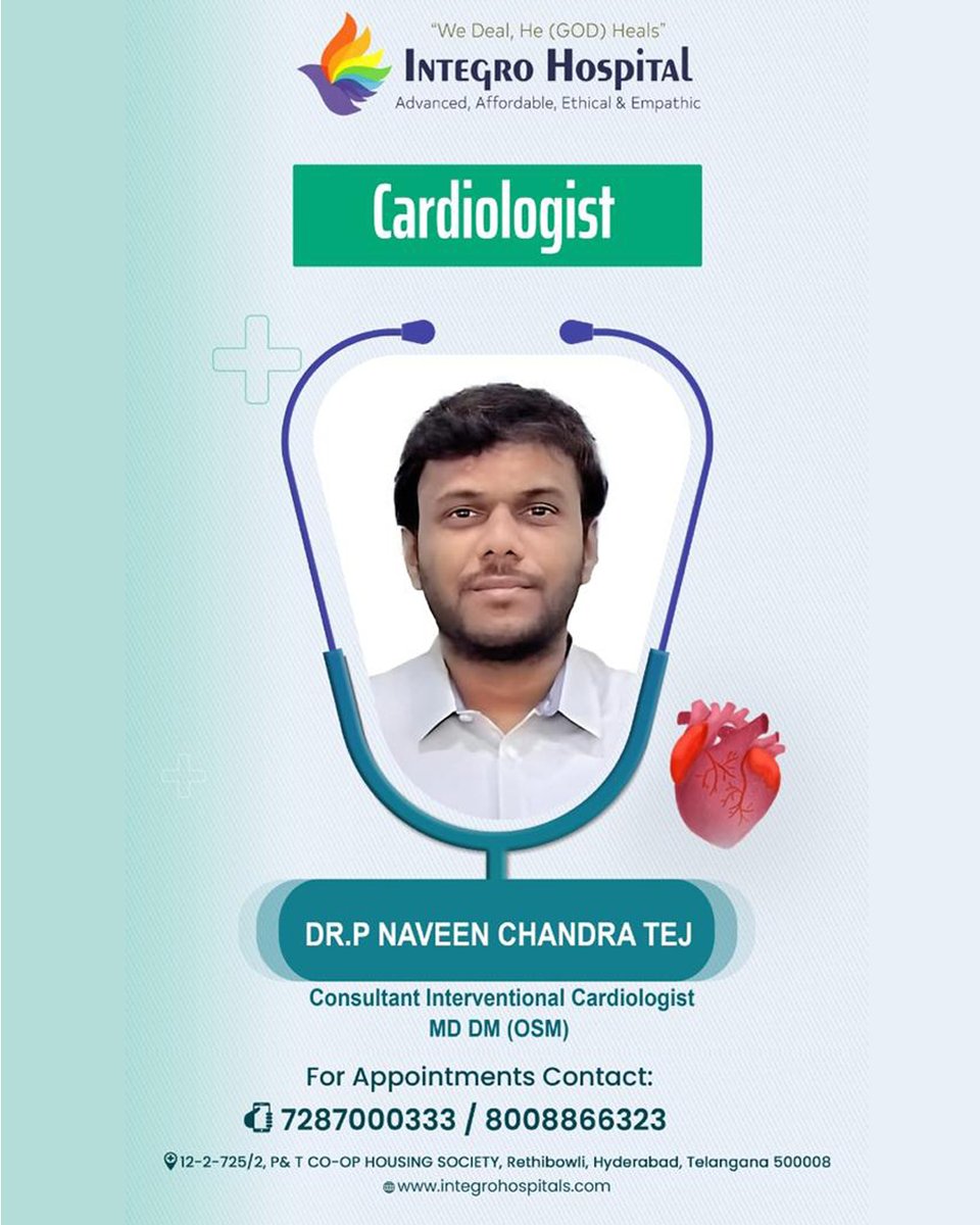 Integrohospital's tweet photo. Dr. P Naveen Chandra Tej 
 Consultant Interventional Cardiologist, MD, DM (OSM)
Specializing in advanced heart procedures, Dr. Tej provides expert, compassionate care at Integro Hospital.

📞 +91 72870 00333
📍 Integro Hospital

#HeartCare #DrPNaveenChandraTej  #IntegroHospital https://t.co/raOcf0TxWD