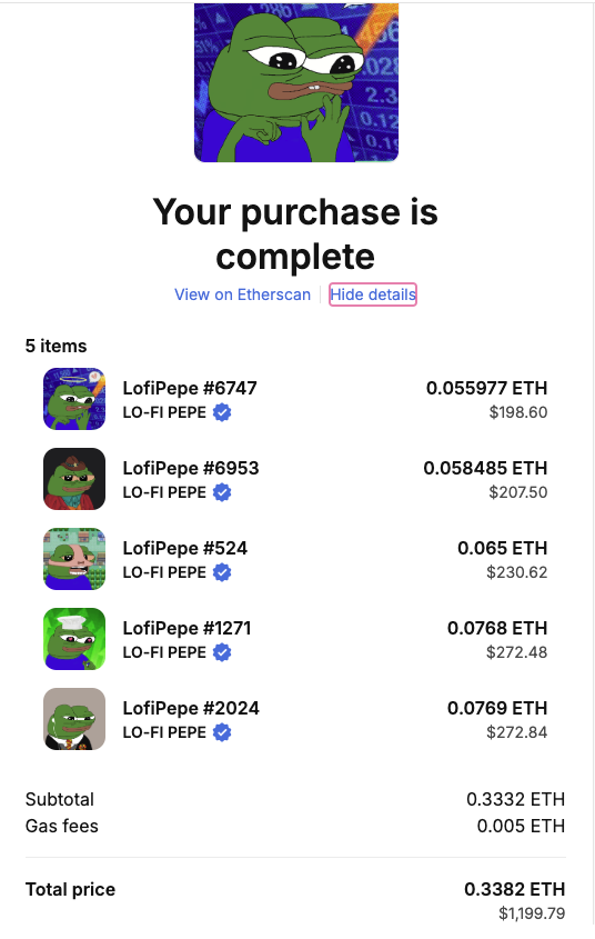 <a href="/lofipepenft/">LO-FI PEPE NFT</a> is one of the most undervalued NFTs, started from a group of OG pepe holders.

As the Boys Club is the origin story of Pepe, it seems right that our Marketing Wallet acquire 5x Lo-Fi Pepe NFTs.