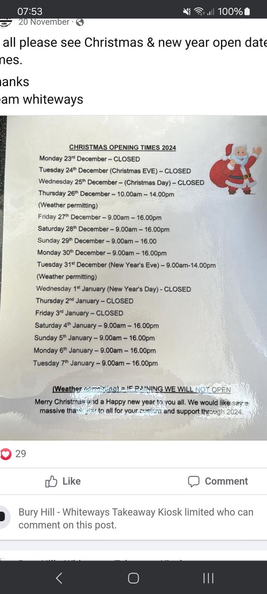 PatchamBiker's tweet photo. #Whiteways Kiosk Bury Hill opening times over Christmas and New Year https://t.co/RIUkkQmn8a