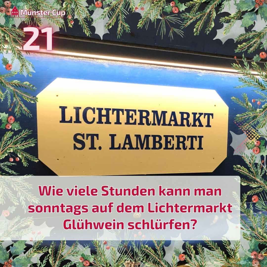MuensterQuiz's tweet photo. ✨ Wo Geschichte auf Handwerkskunst trifft - 𝚆𝚒𝚎 𝚟𝚒𝚎𝚕𝚎 𝚂𝚝𝚞𝚗𝚍𝚎𝚗 𝚔𝚊𝚗𝚗 𝚖𝚊𝚗 𝚜𝚘𝚗𝚗𝚝𝚊𝚐𝚜 𝚊𝚞𝚏 𝚍𝚎�� 𝙻𝚒𝚌𝚑𝚝𝚎𝚛𝚖𝚊𝚛𝚔𝚝 𝙶𝚕ü𝚑𝚠𝚎𝚒𝚗 𝚜𝚌𝚑𝚕ü𝚛𝚏𝚎𝚗？ 
A) 6 Stunden B) 8 Stunden C) 9 Stunden 

#MünsterCup #MünsterQuiz #Münster #Advent https://t.co/PP8R1p92FB