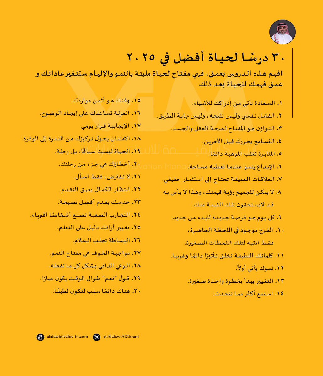 ستتغير حياتك للأفضل إذا فقط تغيرت أفكارك وعاداتك هنا ٣٠ درسا لعام ٢٠٢٥.
تستحق أن تعطيها بعضا من وقتك وتفكيرك.