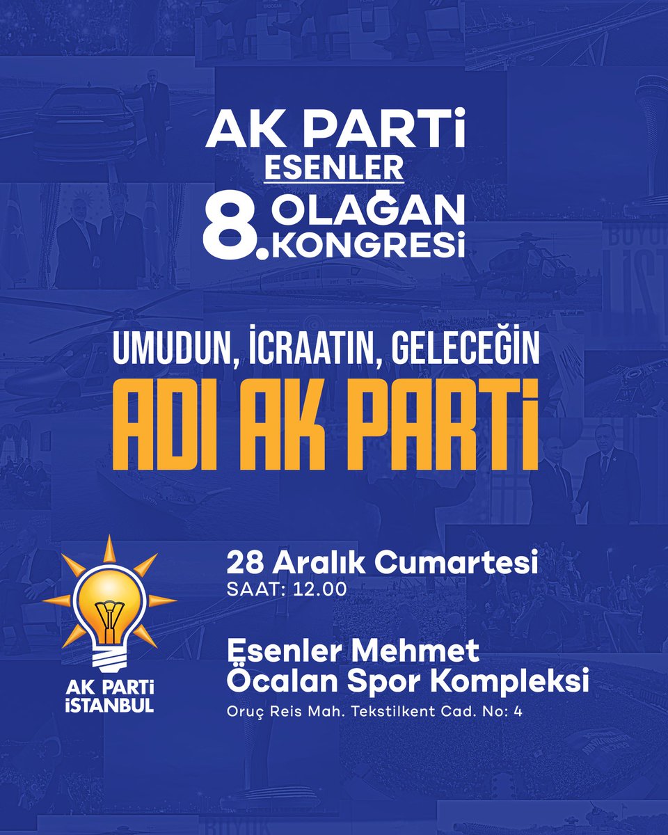 28 Aralık Cumartesi günü gerçekleştireceğimiz Esenler 8. Olağan İlçe Kongremizde, İlçe Başkanlığına yeniden aday olan değerli İlçe Başkanımız <a href="/EmrullahErkus/">Emrullah ERKUŞ</a> kardeşimizi tebrik ediyor; bu önemli demokrasi şölenimizin ilçemize, teşkilatımıza ve İstanbul’umuza hayırlı olmasını