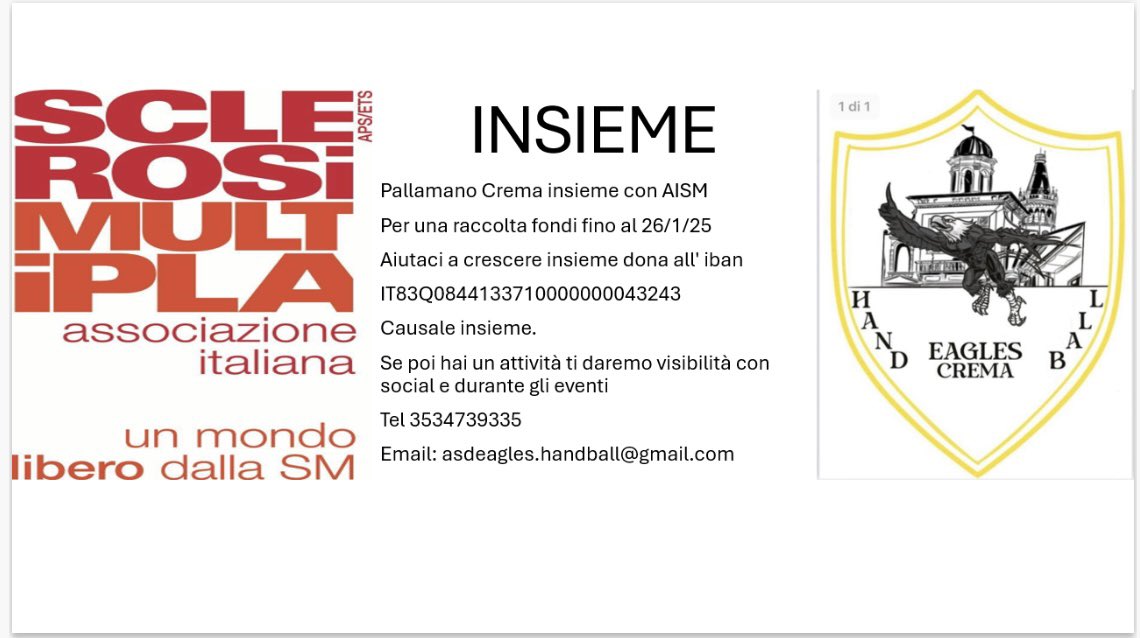 AsdEagles's tweet photo. Una iniziativa importante INSIEME pallamano crema e AISM https://t.co/FrDDo6NyDz