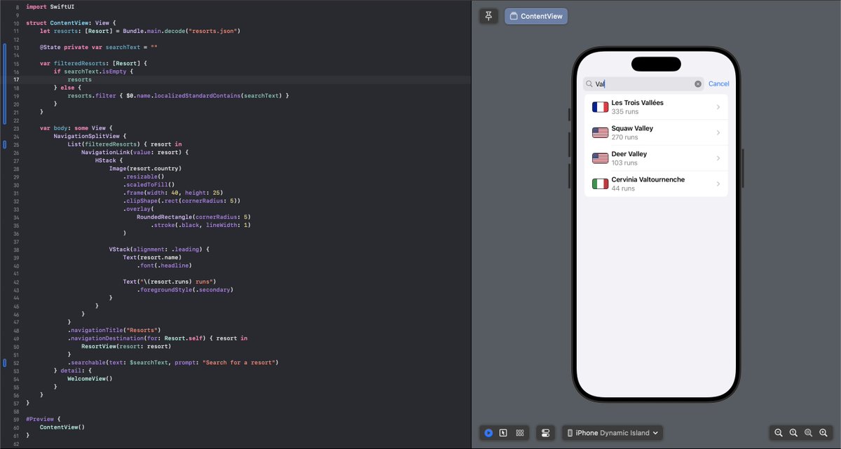 bucklajean's tweet image. ⏳ Day 98 (part 1) of #100DaysOfSwiftUI : adding searching for data in a List of SnowSeeker app.