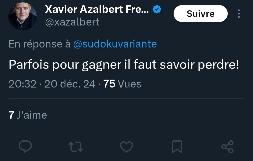 GrandSachoir's tweet photo. Je cite Azalbert : « parfois pour gagner, il faut savoir perdre ». Notons qu’avec cette vision des choses, Azalbert gagne très très souvent. Voire tout le temps 😁 https://t.co/A25GNHSeIG