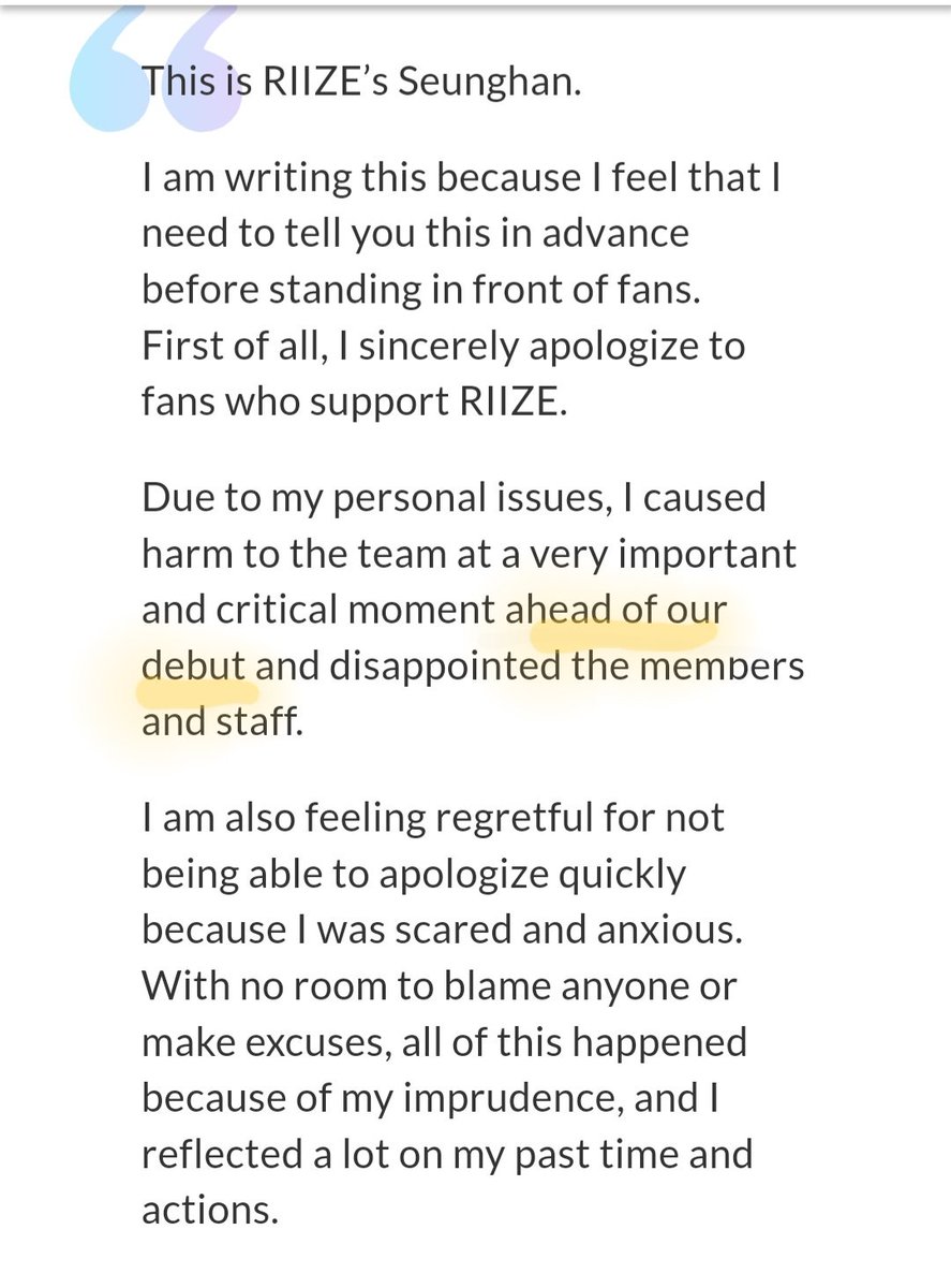 not100203's tweet photo. You debuted him. 

Even when his personal info was leak predebut, fans trusted you @SMTOWNGLOBAL to do right by Seunghan and the group he was in. You told fans we should not be worried since you will pursue lawsuit to anyone against slander and fake news (Aug 2023).

You let Seunghan apologized even when it's his personal info that was leak, AHEAD OF THEIR DEBUT.

RIIZE debuted.
Seunghan debuted in RIIZE.

Unfortunately, rumors did not stop. Leakage didnt stop.
Accusing Seunghan of leaking choreo didnt stop.

You let a poor boy bear it all until you need to announce his hiatus. You did not protect him until the end.

SMTOWNLOCAL: THE CULTURE OF BULLYING @SMTOWNGLOBAL  
#SMRuinedKPOP
#SMWreathEnablers
#탁영준아웃 #이상민아웃 #김형국아웃