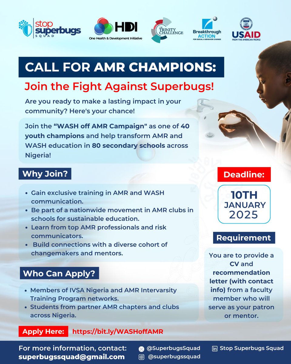 Join the Fight Against Superbugs: Become an AMR Champion!

The WASH off AMR Campaign is calling 40 passionate youth champions to transform #AMR and #WASH education in 80 secondary schools across Nigeria. 

Apply here: bit.ly/WASHoffAMR

#anrimicrobialresistance