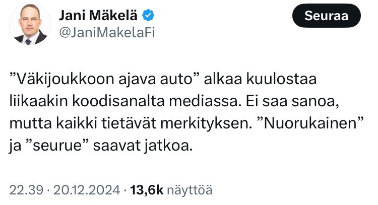 juho_orjala's tweet photo. Jos edustaja Mäkelä ei olisi blokannut minua niin kysyisin mikä se merkitys on.

Viimeksi kun Suomessa joku ajoi autolla väkijoukkoon niin kyseessä oli perussuomalainen ja Saksan eilinen hyökkääjä taas oli AfD:n kannattaja. 

Silti on aina kiire päästä vihjailemaan jotain muuta. https://t.co/f1Nm6LsfoL