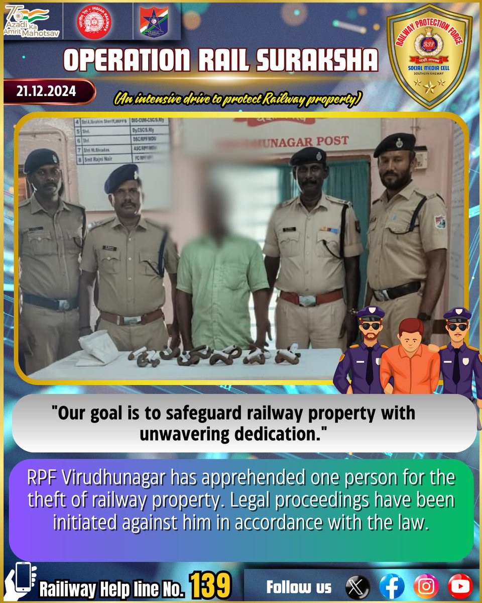 rpfsrly's tweet image. The RPF team at Virudhunagar has apprehended one person involved in the theft of railway property. Legal proceedings have been initiated against the individual as per the law.
#RPF #Virudhunagar #RailwayProtection #JusticeServed #OnGuard @RailMinIndia @RPF_INDIA @GMSRailway