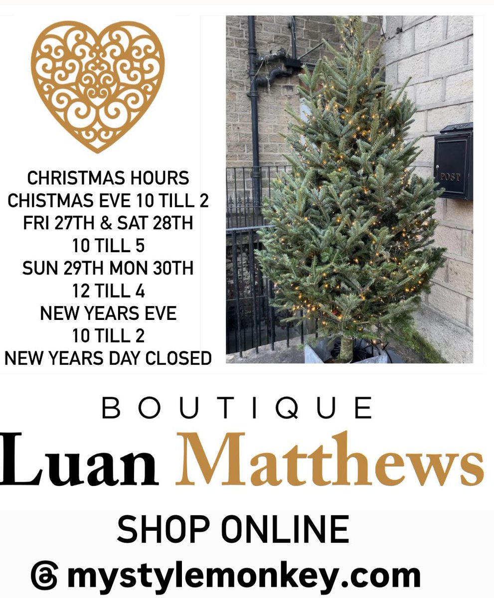 🎄🎄Well it’s the last Saturday before Christmas 🎄 🎄
Hope to see you all shopping in Uppermill today but if not, have a very merry Christmas!!! 🎄🎅🏻💕🥂⭐️🎄 The SALE IS ON!
Christmas Opening Hours Below @everyone <a href="/folllowers/">Luiz Kerk</a>