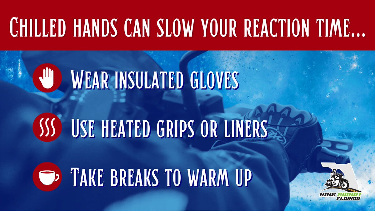 RideSmartFL's tweet image. Cold hands have reduced dexterity and can slow reaction time! Maintain control in Florida’s cold(ish) weather by investing in insulated gloves, heated grips, or liners. 🧤❄️ #RideSmartFL #WinterSolstic