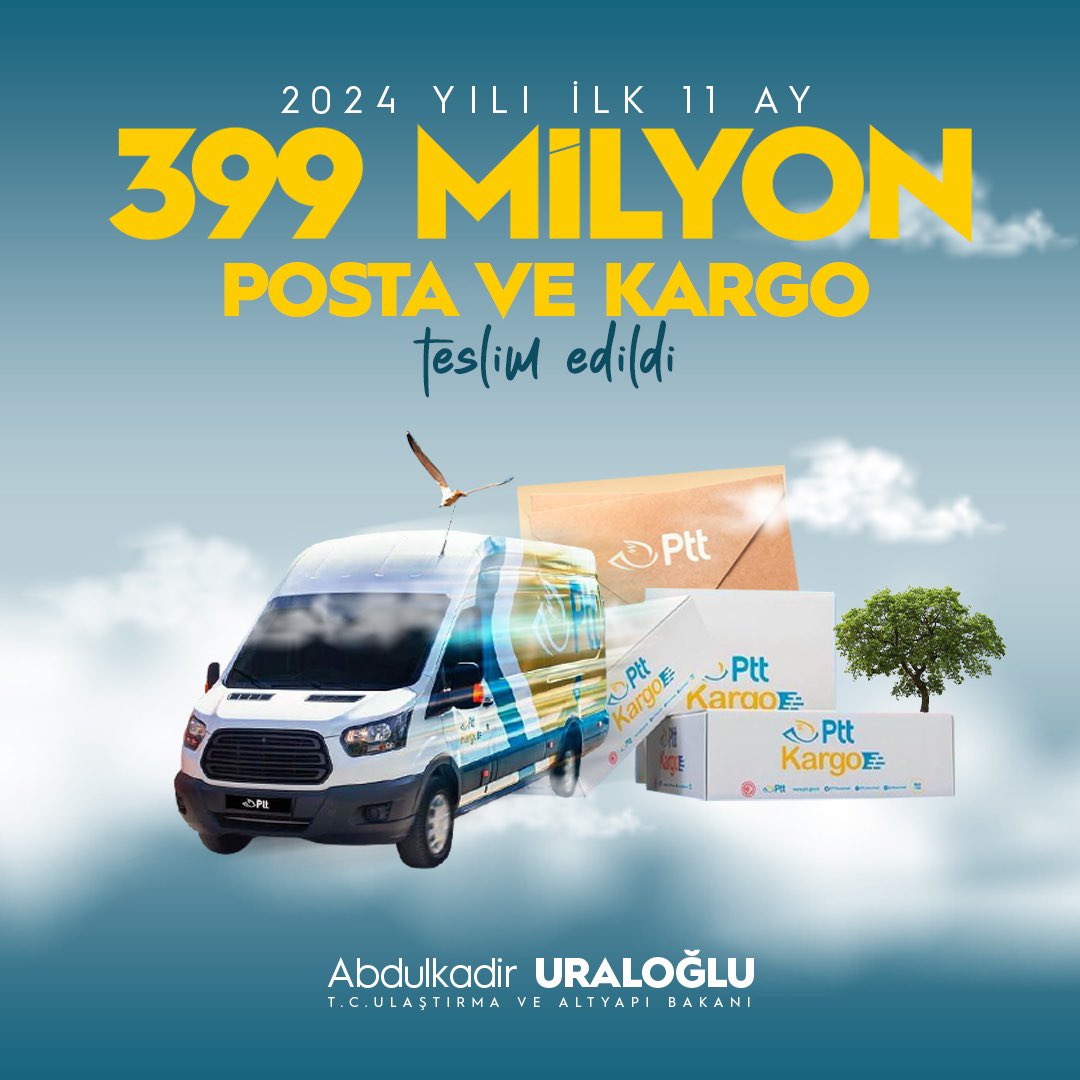 📬 PTT aracılığıyla 2024’ün ilk 11 ayında 399 milyon posta ve kargo gönderisini sahibine ulaştırdık!

40 bin çalışan, 9 bin 452 araç ve 3 bin 630 iş yeriyle güvenli ve hızlı hizmet sunmaya devam ediyoruz. 🚚

#TürkiyeHızlanıyor 🇹🇷