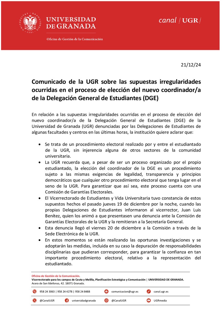 Universidad Granada (@canalugr) on Twitter photo 🔴 Comunicado de la #UGR sobre las supuestas irregularidades ocurridas en el proceso de elección del nuevo coordinador/a de la <a href="/dgeUGR/">Delegación General de Estudiantes</a> 🔴 Comunicado de la #UGR sobre las supuestas irregularidades ocurridas en el proceso de elección del nuevo coordinador/a de la <a href="/dgeUGR/">Delegación General de Estudiantes</a>