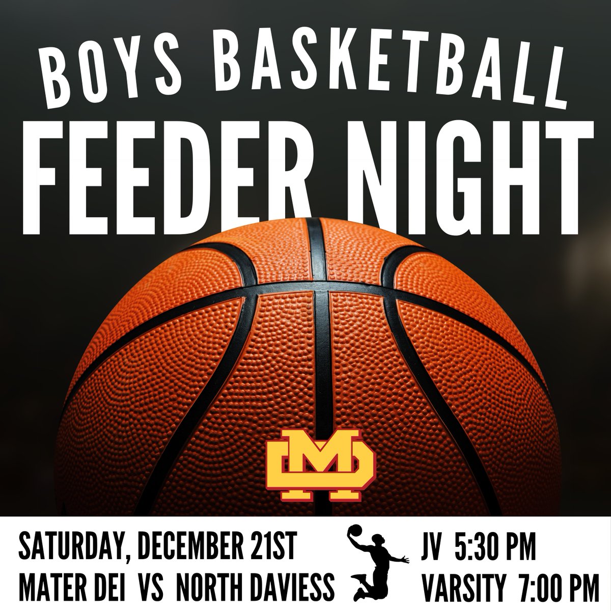 Join us for "Feeder Night" TONIGHT (Saturday, Dec 21st), when we take on the North Daviess at the MD! 

Players &amp; Coaches:
🏀 Wear your feeder school jersey/shirt to be admitted to the game for free. 
🏀 Recognition will be at halftime of the varsity game. 

<a href="/MaterDeiBball/">Mater Dei Basketball</a>