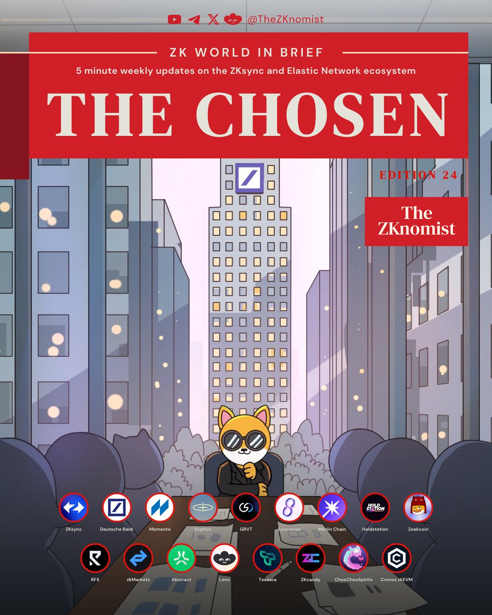 TheZKnomist's tweet photo. ZK WORLD IN BRIEF | Edition 24: The Chosen.
- 5 minute weekly updates on the @ZKsync and Elastic Network ecosystem

This week, key breakthroughs in the ZKsync ecosystem reinforce its status as the chosen platform for blockchain innovation. Deutsche Bank, in collaboration with @Memento_Bc, building L2 Ethereum using ZKsync technology highlights institutional adoption. Meanwhile, the mainnet launches of @grvt_io, the world’s first licensed DEX, and @sophon bring the total to 6 ZK Chains live on the Elastic Network, solidifying ZKsync as the go-to hub for scalable DeFi and consumer-focused crypto development.

==========

In this edition, we bring you some exciting updates on the ZKsync and Elastic Chain ecosystem, such as @ZKsync, @DeutscheBank, @Memento_Bc, @sophon, @grvt_io, @syncswap, @MerlinLayer2, @HoldstationW, @zeekcoin, @RFX_exchange, @zkmarkets, @AbstractChain, @LensProtocol, @tevaera, @ZKcandyHQ, @ChooChooSpirits, and @cronosapp zkEVM.

Stay synced with #ZK!