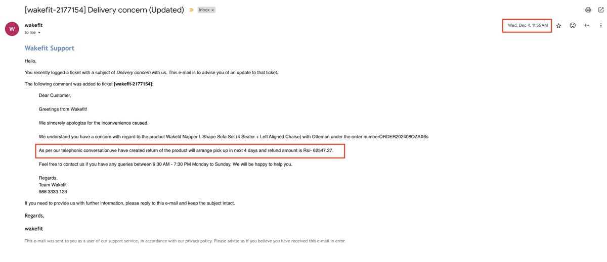 Ash_tric24's tweet photo. I am deeply disappointed with the prolonged and unresolved issue I’ve faced with Wakefit.

On 16th August 2024, I purchased a @WakefitCo  Napper L Shape Sofa Set (4 Seater + Left Aligned Chaise) with Ottoman under order number ORDER202408OZAX6s, amounting to ₹62,547. The journey since then has been nothing short of a nightmare:

23rd September: Received an incomplete product.
24th September: Returned the product after a carpenter visit and discussions with the @SupportWakefit  team.
October: Promised delivery within 30 days. After multiple follow-ups, the sofa was delayed twice and finally delivered on 14th November, again incomplete.
28th November: Carpenter visit confirmed the issue. I requested a refund.
10th December: Product was picked up after a week’s delay, with a promise of refund initiation in 2 days.
21st December: After 11 days of daily follow-ups, I am still waiting for my refund. Wakefit claims technical challenges, but no concrete action has been taken.
This ordeal has caused immense mental trauma over the past 4 months, affecting me and my family. Despite clear proof of my purchase and email records, Wakefit's lack of accountability and repeated delays in resolving this issue have left me helpless.

I urge Wakefit to prioritize this case and process my refund at the earliest. As a customer who has paid for this purchase using a credit card, the financial burden of EMIs and GST, combined with the stress of non-resolution, is unacceptable.

To the wider consumer community, I hope my story raises awareness about the importance of accountability and responsiveness in customer service.

@JoshiPralhad 
@WakefitCo  @SupportWakefit @consumerforum_  @jagograhakjago @OrganicConsumer @ConsumerReports @OrganicConsumer @RajGovOfficial @GovernmentIndia  @ConsumerHelpNet 
#ConsumerRights #CustomerExperience #Wakefit #RefundIssue
