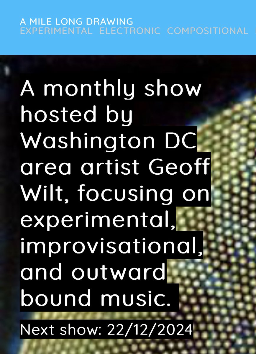Geoff Wilt (@geoffwilt) on Twitter photo tomorrow ~ Sunday 12/22 ~ 1pm EST/19h00 CET ~ the last A Mile Long Drawing of 2024 is PART TWO of my year end retrospective ~ two hours of songs & sounds from this bizarre & terrible & beautiful year ~ wherein music deeply thrived ~ join me live! on <a href="/listen_camp/">CAMP Radio</a> tomorrow ~ Sunday 12/22 ~ 1pm EST/19h00 CET ~ the last A Mile Long Drawing of 2024 is PART TWO of my year end retrospective ~ two hours of songs & sounds from this bizarre & terrible & beautiful year ~ wherein music deeply thrived ~ join me live! on <a href="/listen_camp/">CAMP Radio</a>