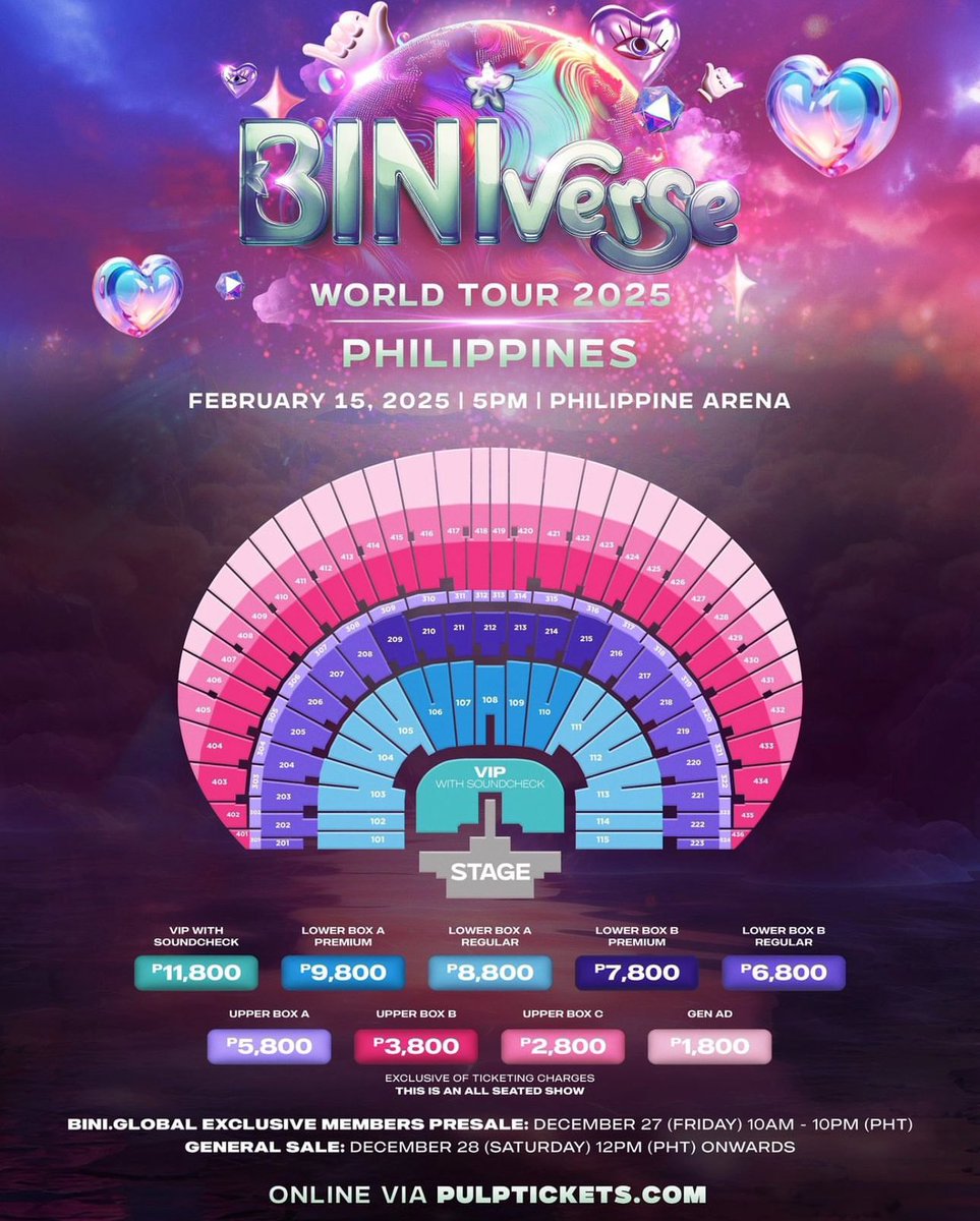 BLOOMS, here are the ticket prices and seat plan for BINI <a href="/BINI_ph/">BINI_PH</a>’s “BINIverse World Tour 2025” at the Philippine Arena on February 15th!

#BINI #BLOOMS #BINIVERSE