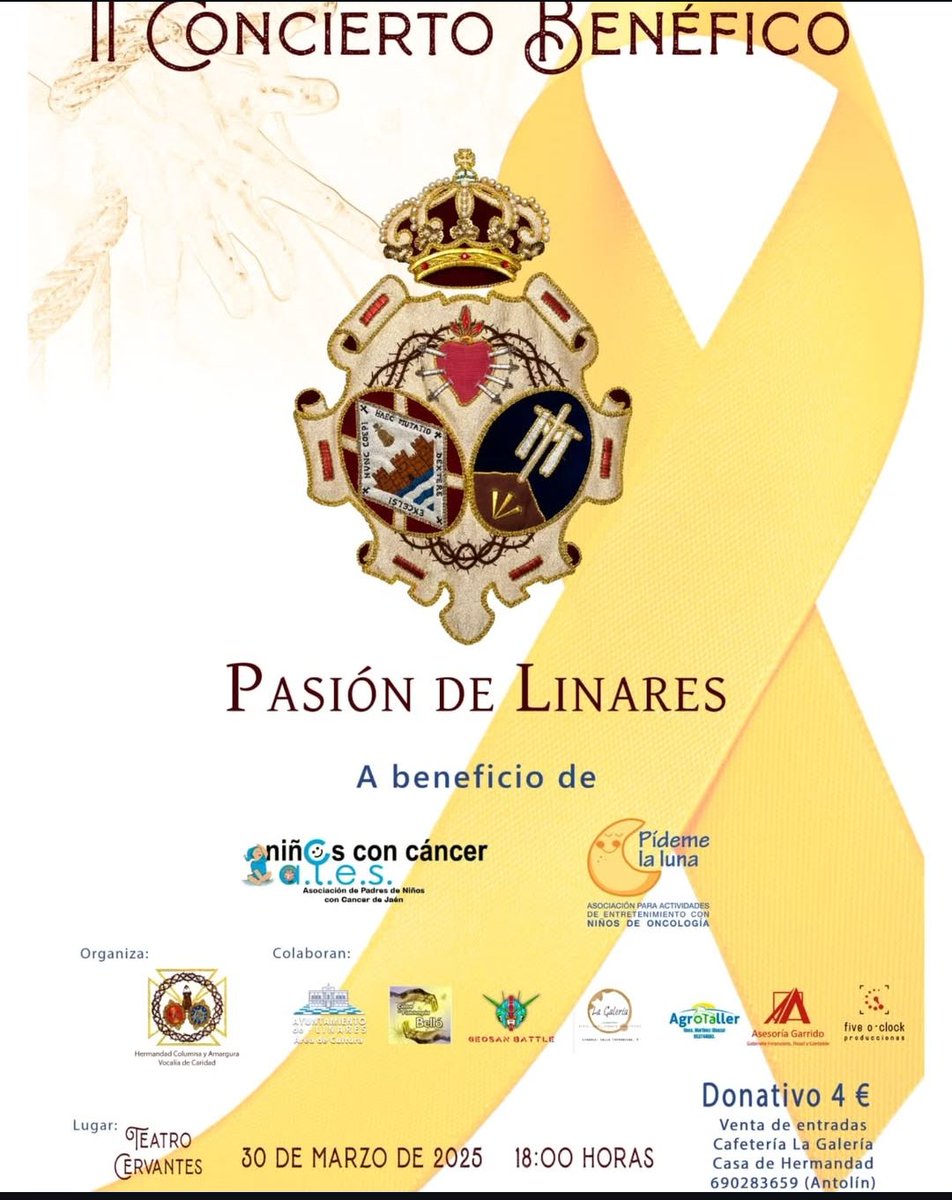 𝗖𝗢𝗡𝗖𝗜𝗘𝗥𝗧𝗢 𝗕𝗘𝗡𝗘𝗙𝗜𝗖𝗢
La Hermandad de la Columna organiza su II Concierto Benefico donde participará Pasión de Linares. Todo lo recaudado irá a ALES y Pídeme la Luna. Tendrá lugar el día 30 de marzo en el Teatro Cervantes .
Más información ⬇️